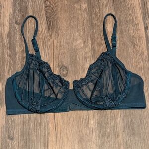 La Perla 34C Bra Teal Sheer Lace Embroidered Underwire Floral Adjustable Straps